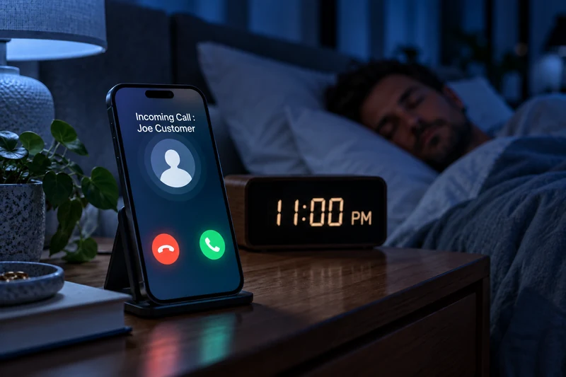 An incoming call from Joe Customer on a sharply focused phone beside an 11:00 PM clock, with a man sleeping in the blurred background under dim blue light.