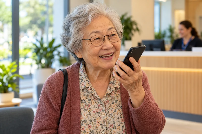 An older woman wearing glasses smiling while speaking into her smartphone in a welcoming local service reception.