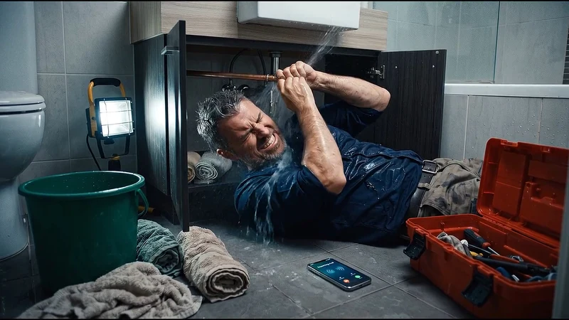 A plumber working beneath a sink with both hands occupied while an incoming call lights up a phone on the floor.