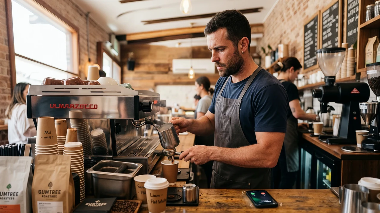 A busy café owner preparing coffee with a smartphone on the counter.